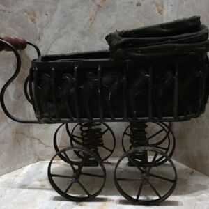 Vintage Baby Doll Buggy Wrought Iron Wooden Canvas 1940s